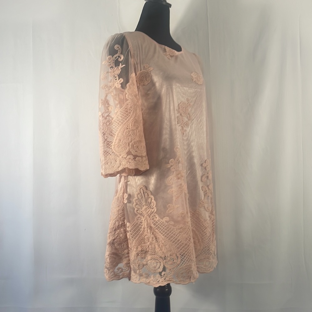 Simply Couture Pink Floral Layered sheer lace Baby doll, Tunic Dress,Size Small - Picture 4 of 11